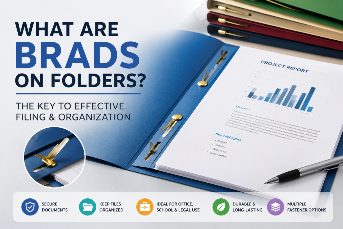 What are brads on folders showing metal fasteners and prongs used to secure documents inside a folder