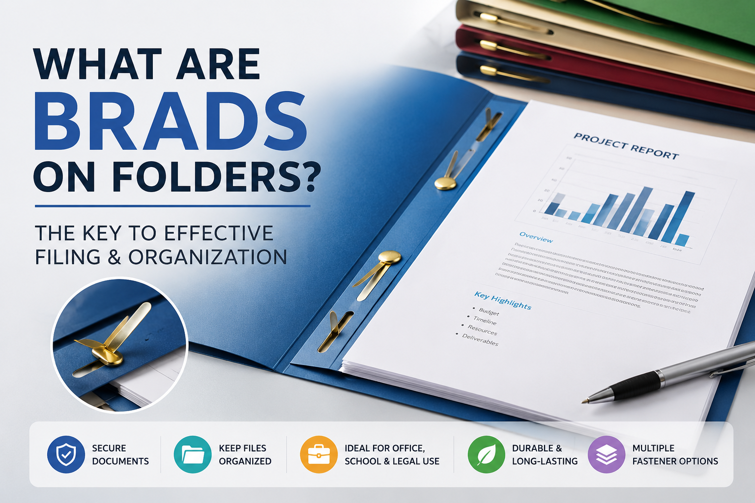 What are brads on folders showing metal fasteners and prongs used to secure documents inside a folder