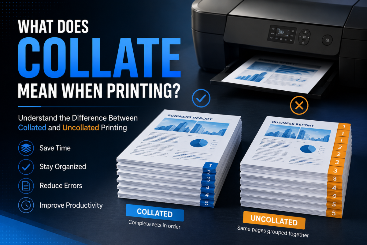 What does collate mean when printing explained with comparison of collated vs uncollated printing showing organized document sets and printing order example