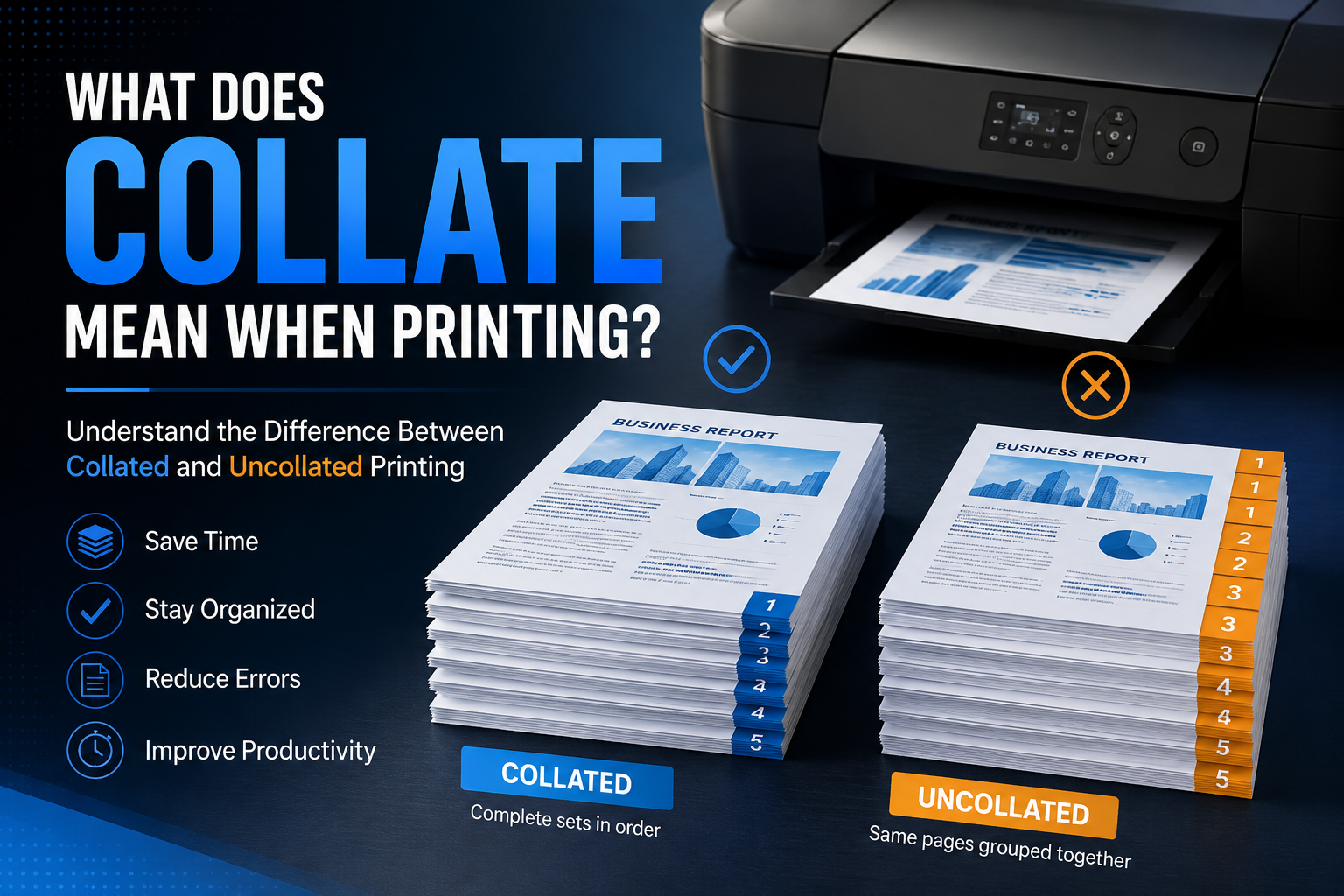 What does collate mean when printing explained with comparison of collated vs uncollated printing showing organized document sets and printing order example
