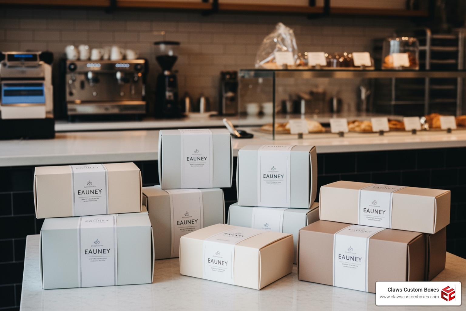 Professional bakery packaging showing various cake boxes with elegant branding