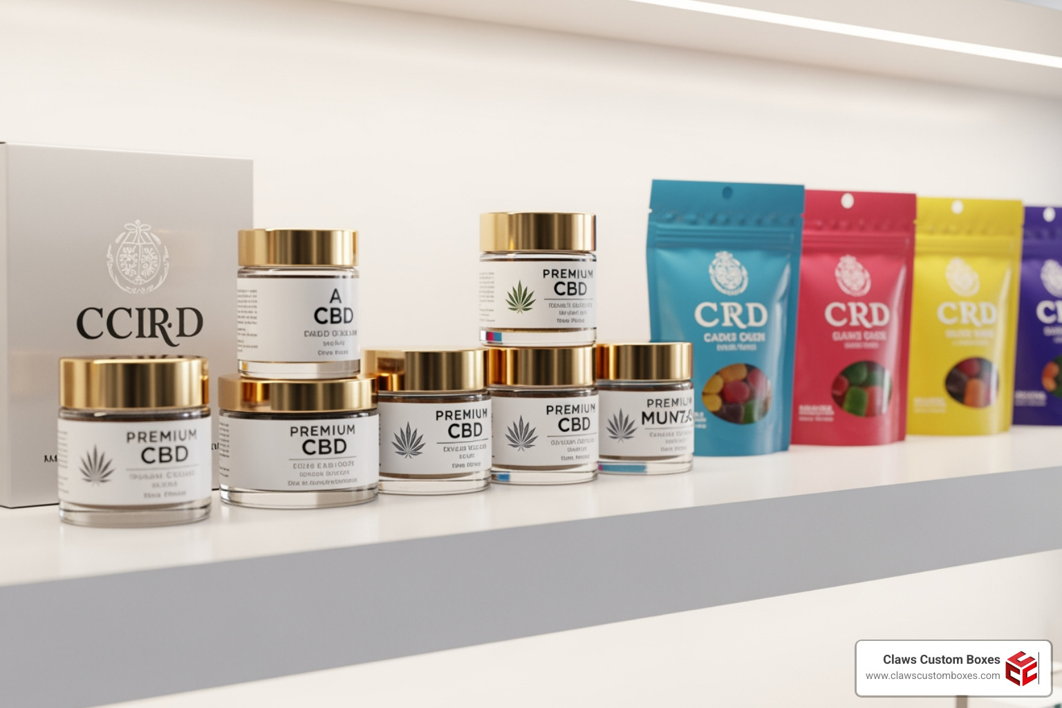 CBD cream jars and gummy pouches premium packaging display