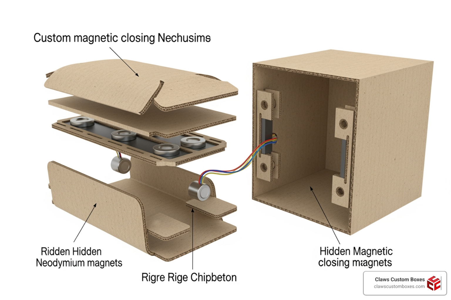 Diagram of magnetic flap construction showing hidden magnets and rigid board layers