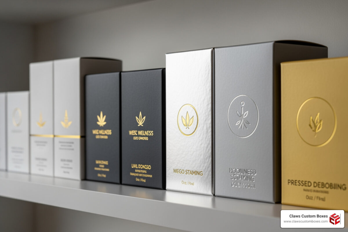 Premium branded CBD boxes showcasing various logo printing techniques