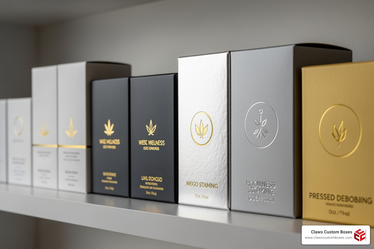 Premium branded CBD boxes showcasing various logo printing techniques